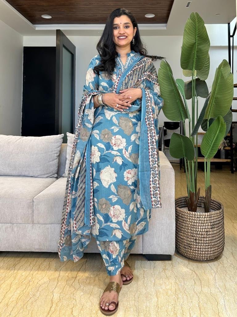 Floral Afghan Cotton Set in Light Blue - Image 4