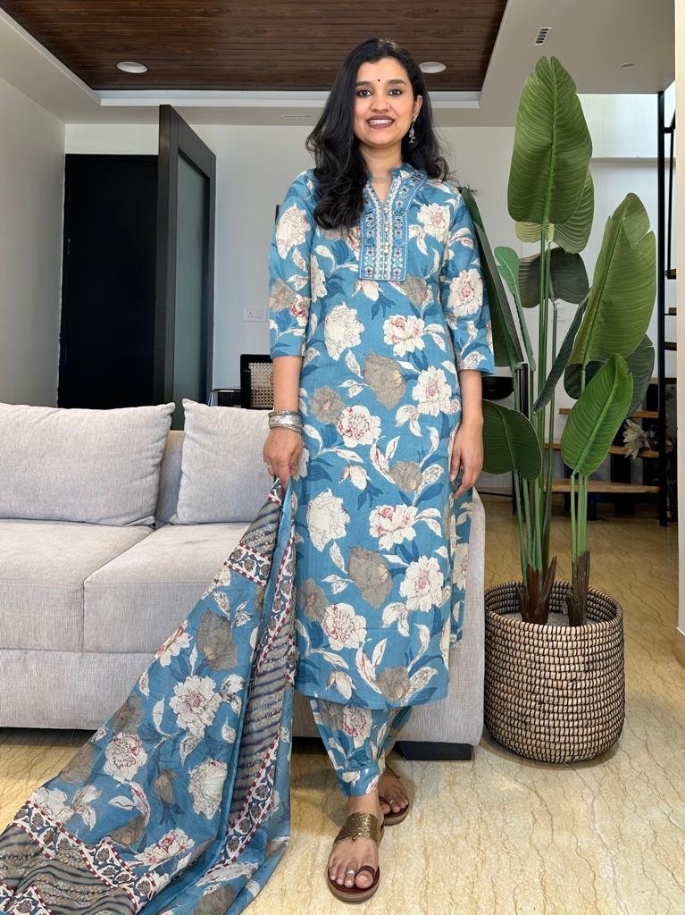 Floral Afghan Cotton Set in Light Blue - Image 3