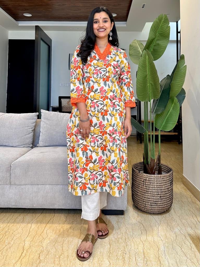 Fancy V-Neck Cotton Kurta- Colorful