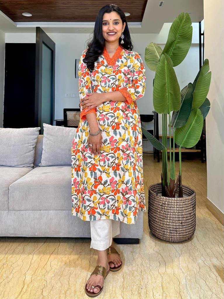 Fancy V-Neck Cotton Kurta- Colorful - Image 3
