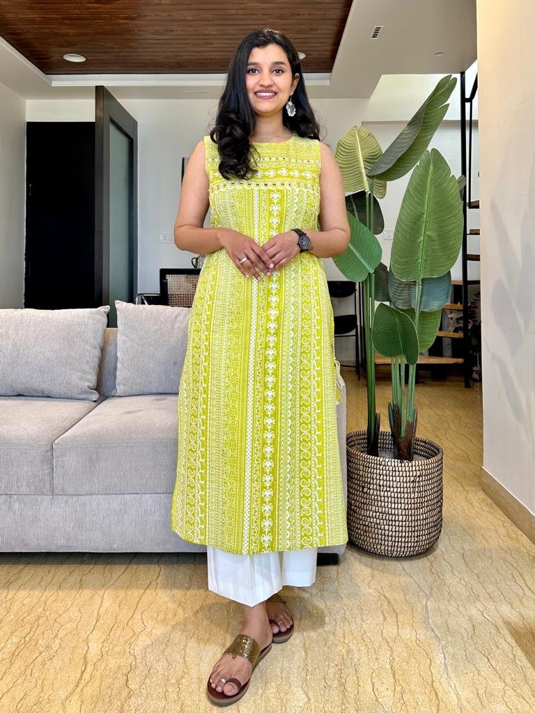 Stripe Sleeveless Kurta- Lime Green - Image 3