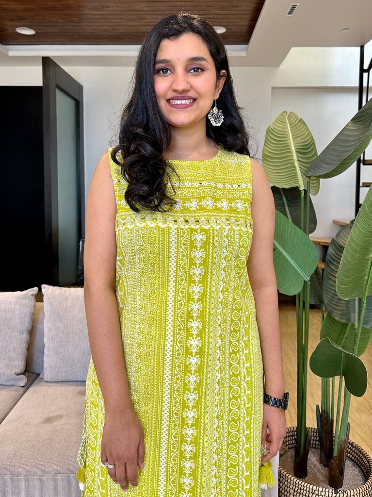 Stripe Sleeveless Kurta- Lime Green - Image 2