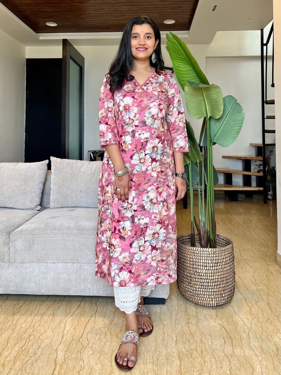 Premium V-Neck Kurta - Pink