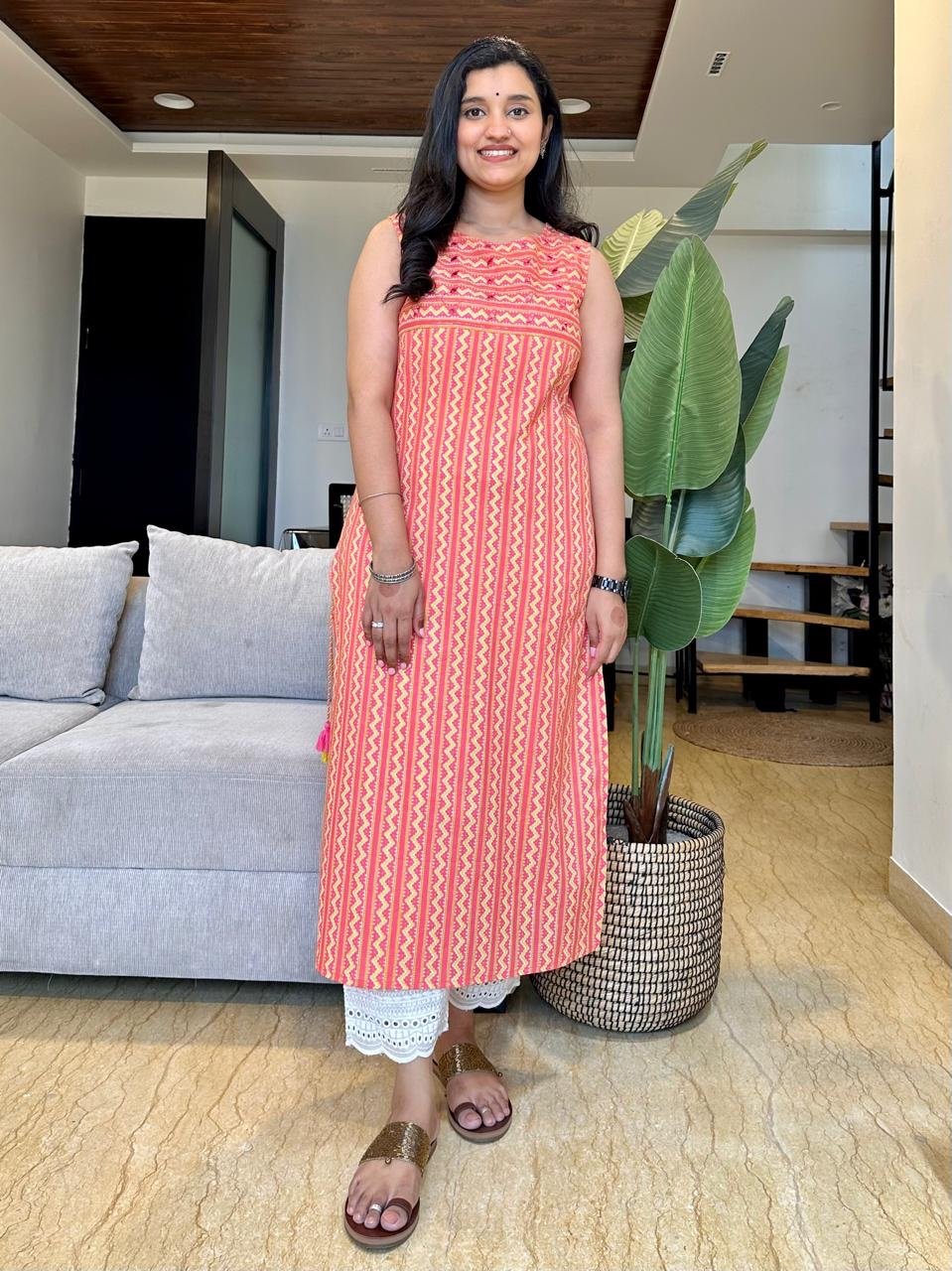 Stripe Sleeveless Kurta- Peach