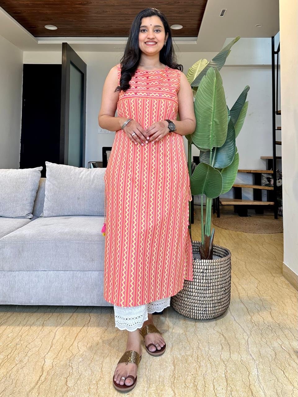 Stripe Sleeveless Kurta- Peach - Image 3