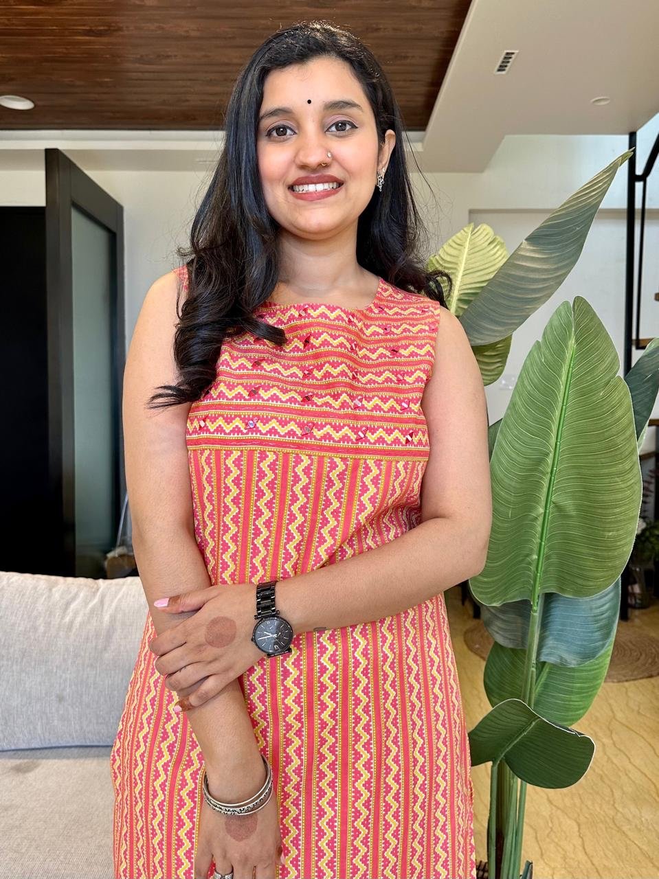 Stripe Sleeveless Kurta- Peach - Image 2