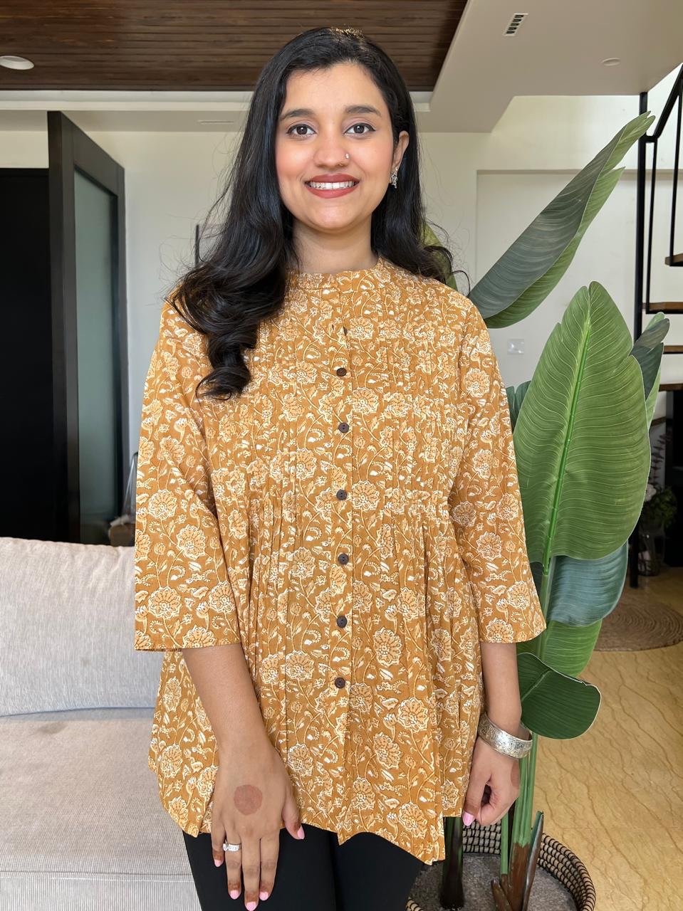 Premium Cotton Pintuck Top- Ochre