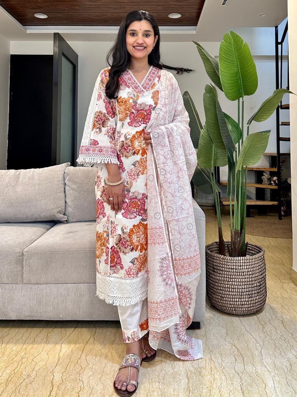 Off White Floral Pakistani Suit