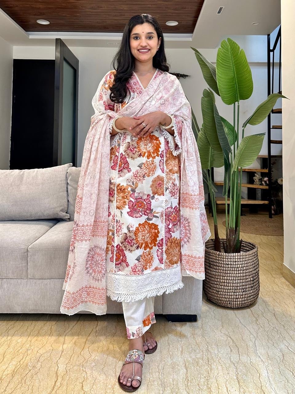 Off White Floral Pakistani Suit - Image 4