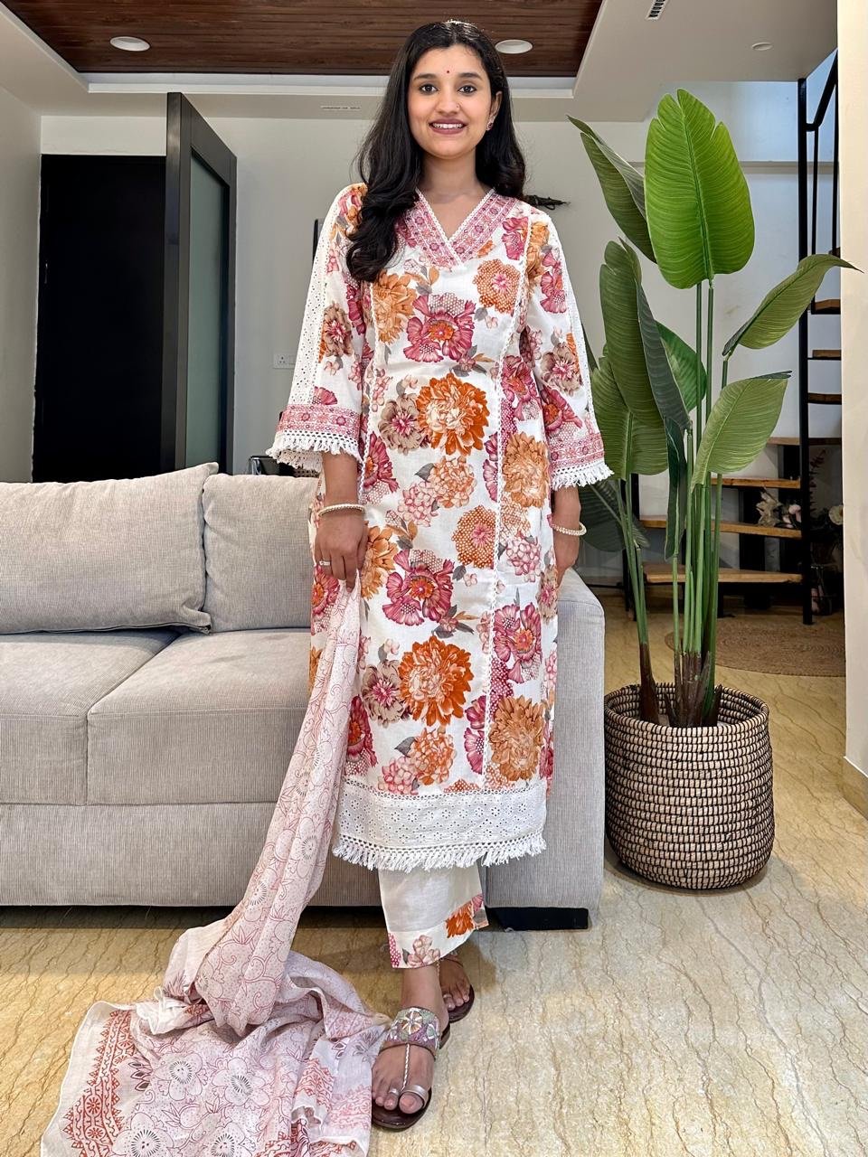 Off White Floral Pakistani Suit - Image 3
