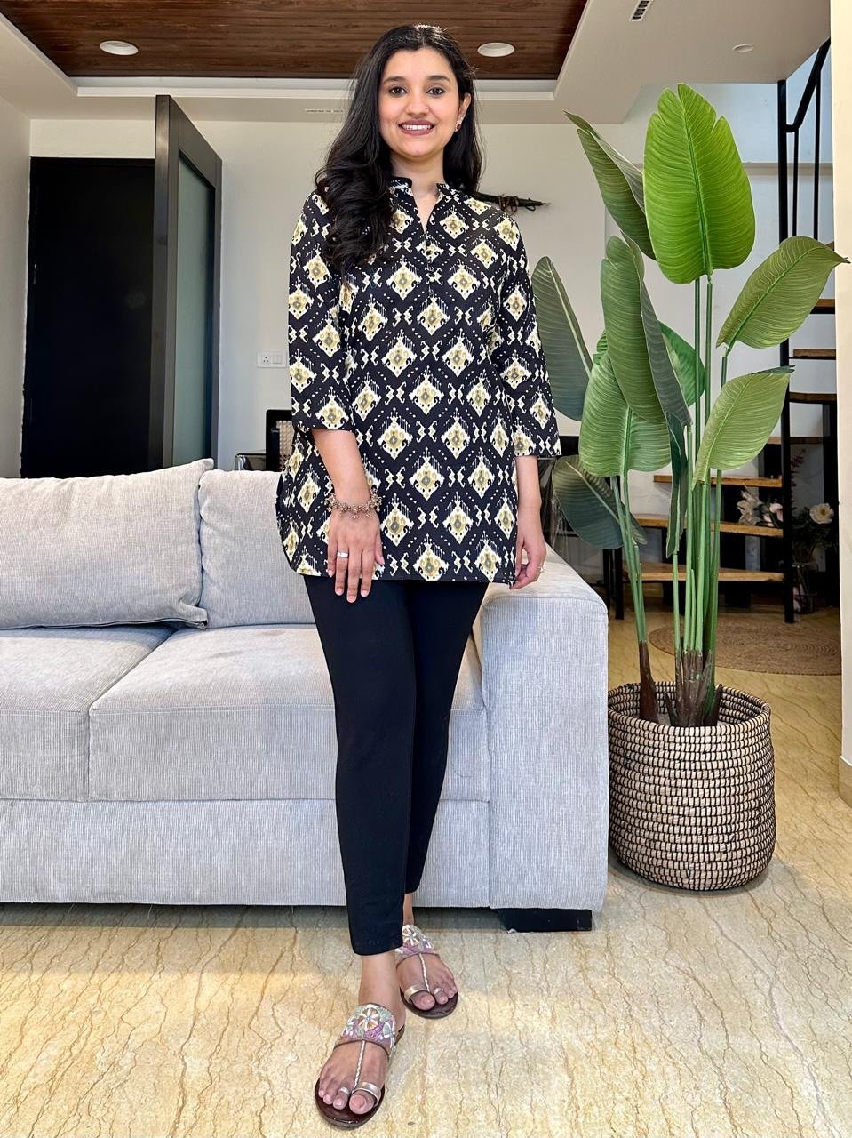Cotton Short Kurta- Black Overall - Image 2