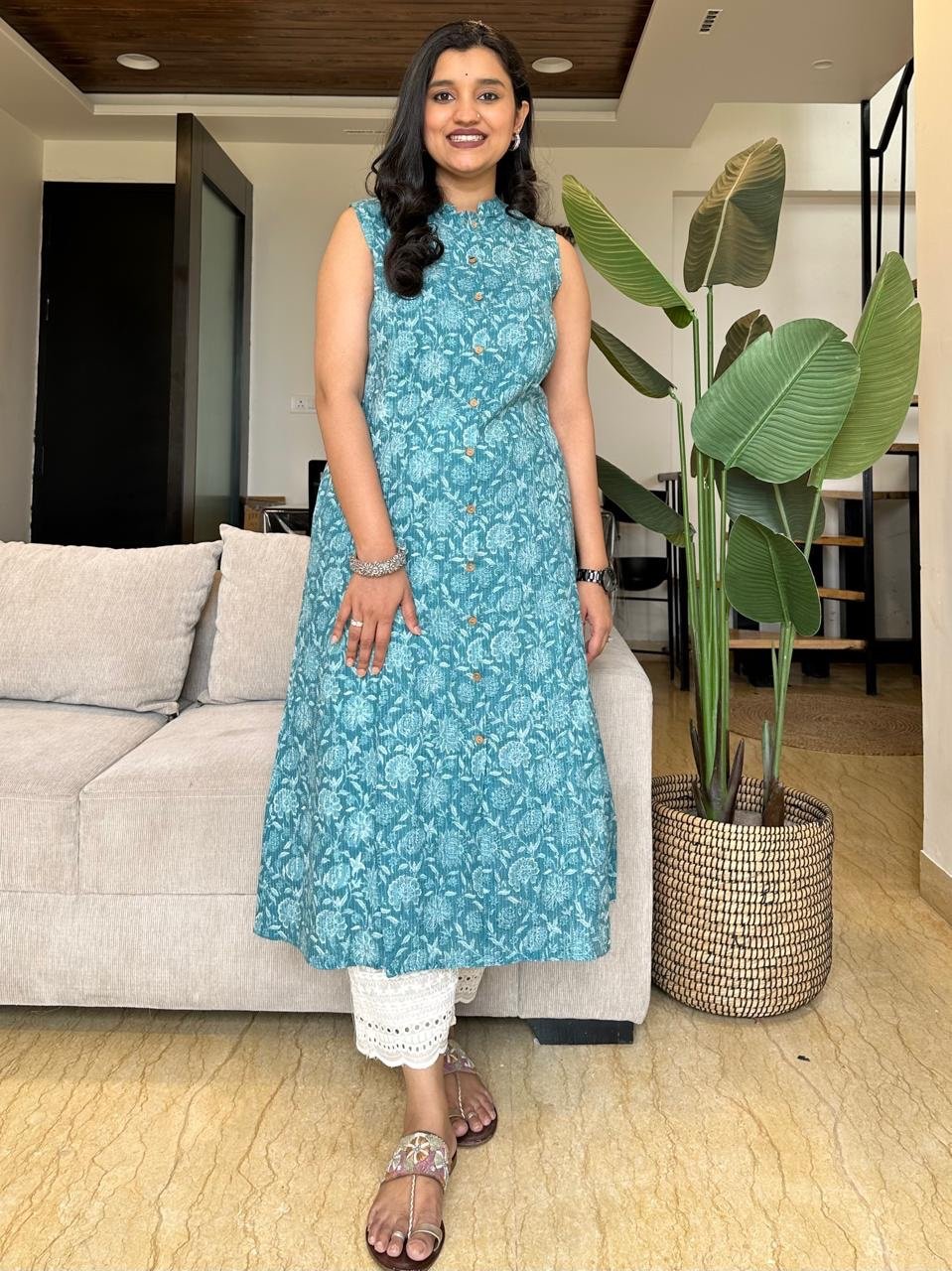 Cotton A-line Sleeveless Kurta- Light Blue Floral - Image 3