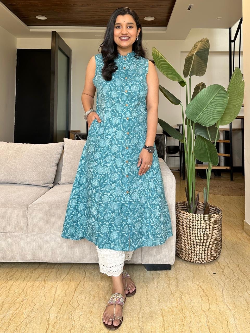 Cotton A-line Sleeveless Kurta- Light Blue Floral