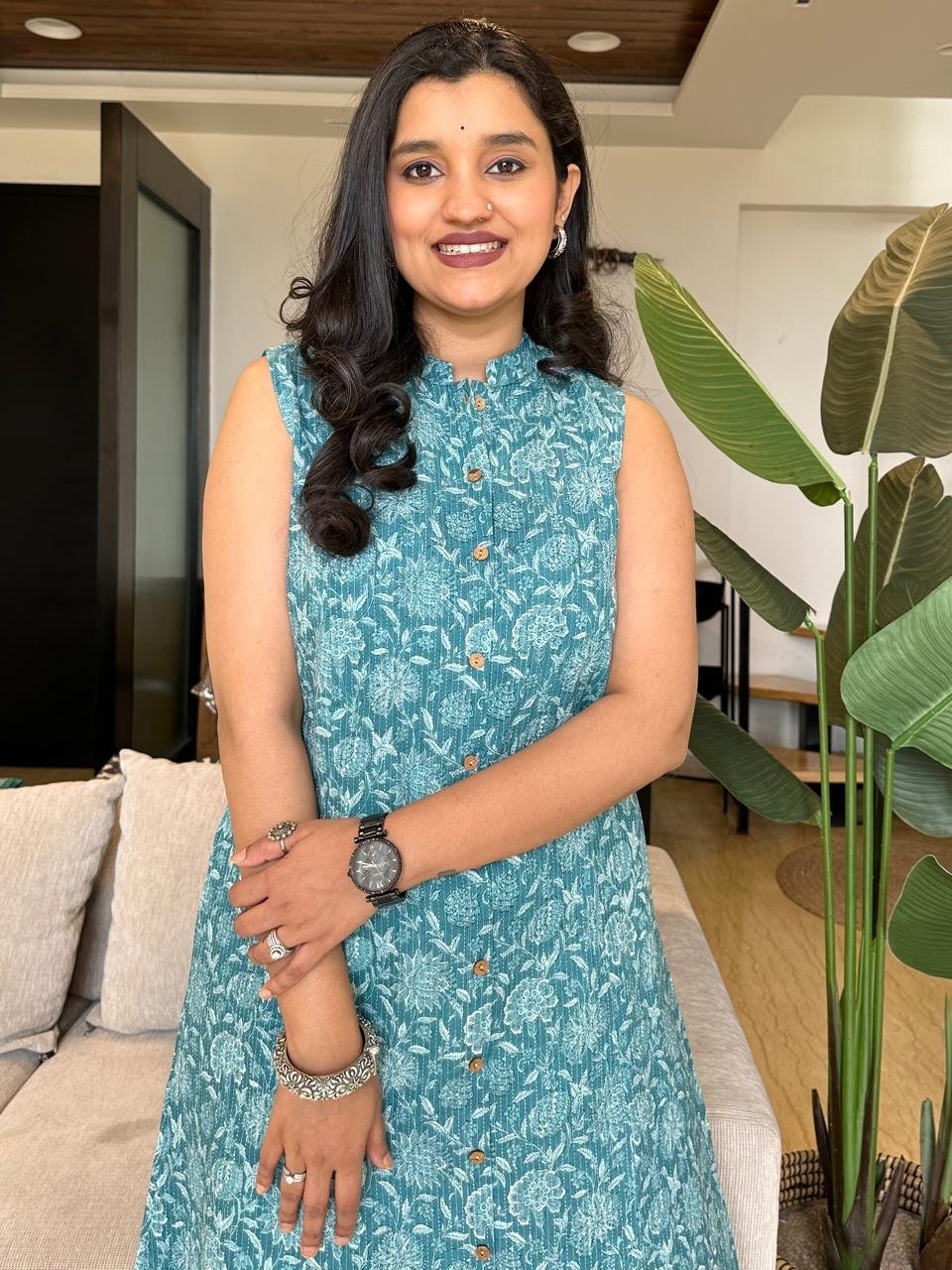 Cotton A-line Sleeveless Kurta- Light Blue Floral - Image 2