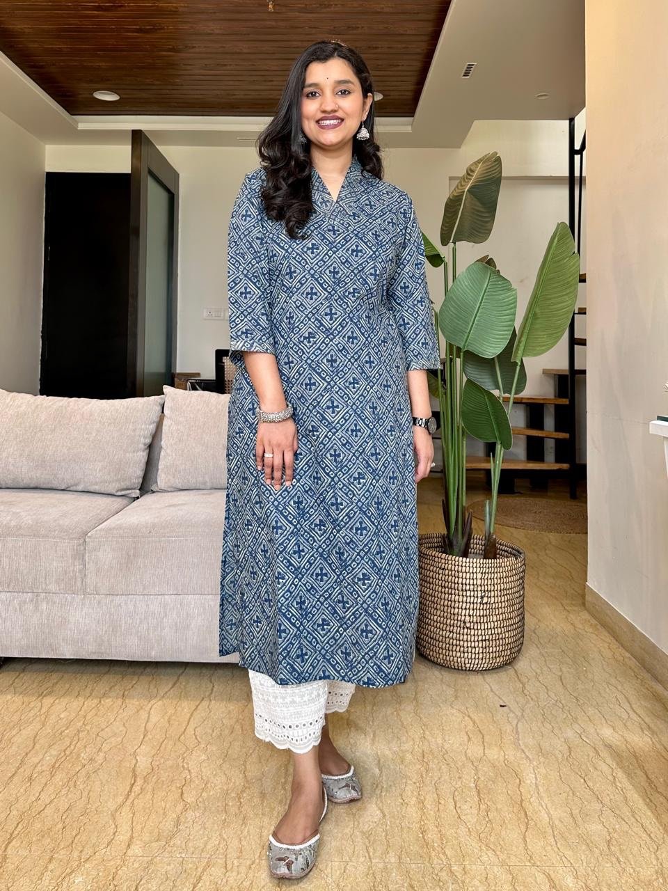 V-Neck Cotton Kurta- Navy Jaal