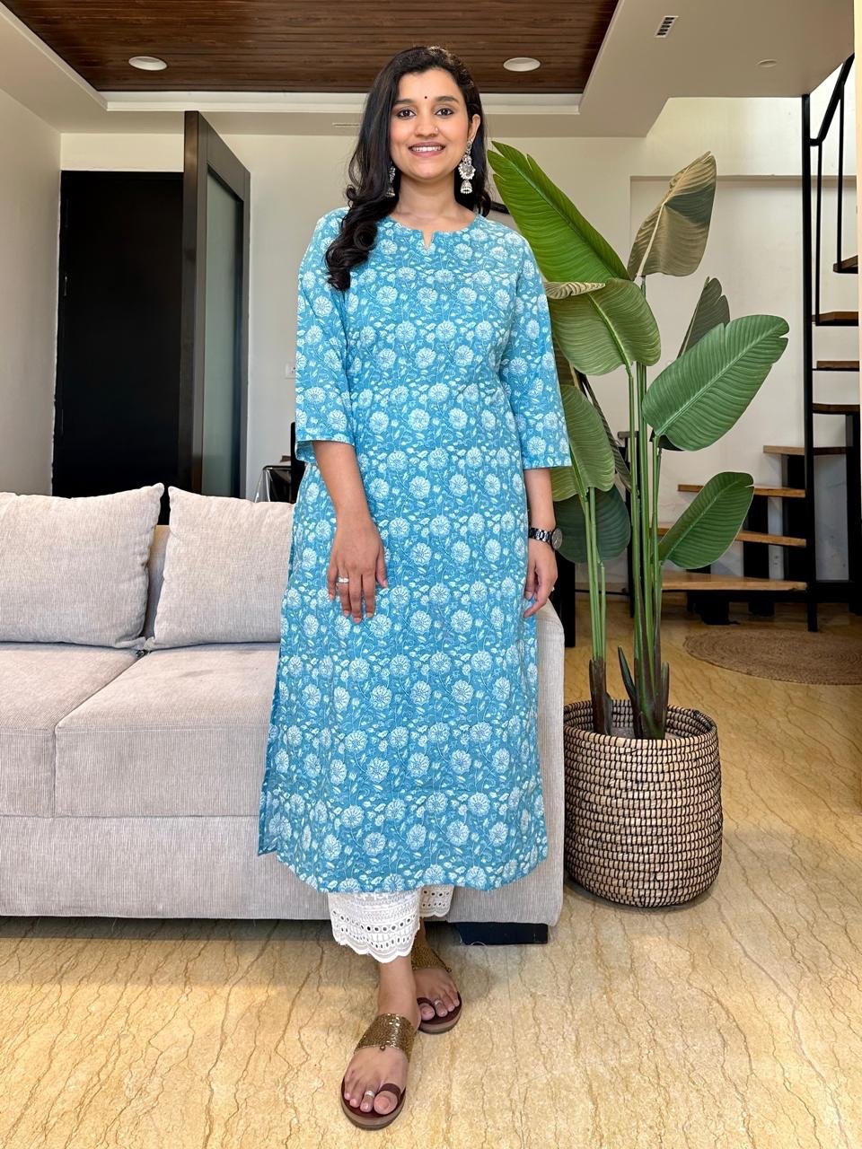 Minimal Bling Cotton Kurta- Sky Blue