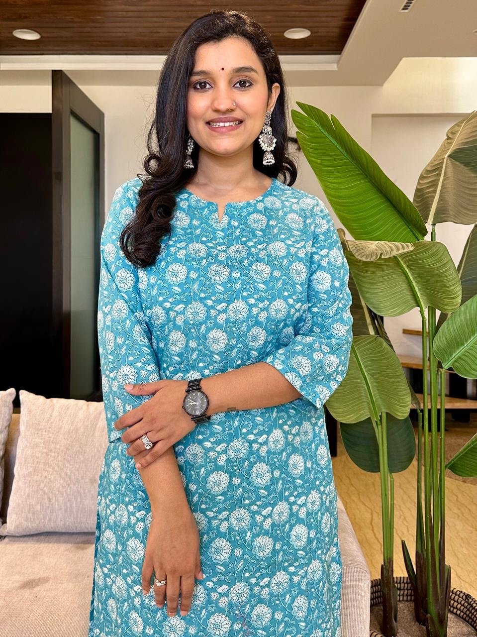 Minimal Bling Cotton Kurta- Sky Blue - Image 2
