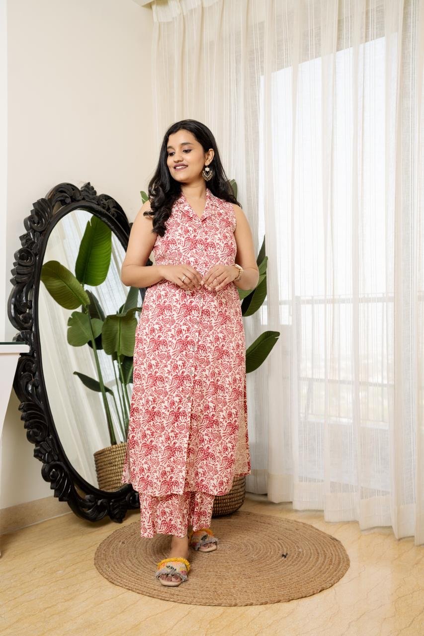Sleeveless Coord Set- White Pink Jaal - Image 2