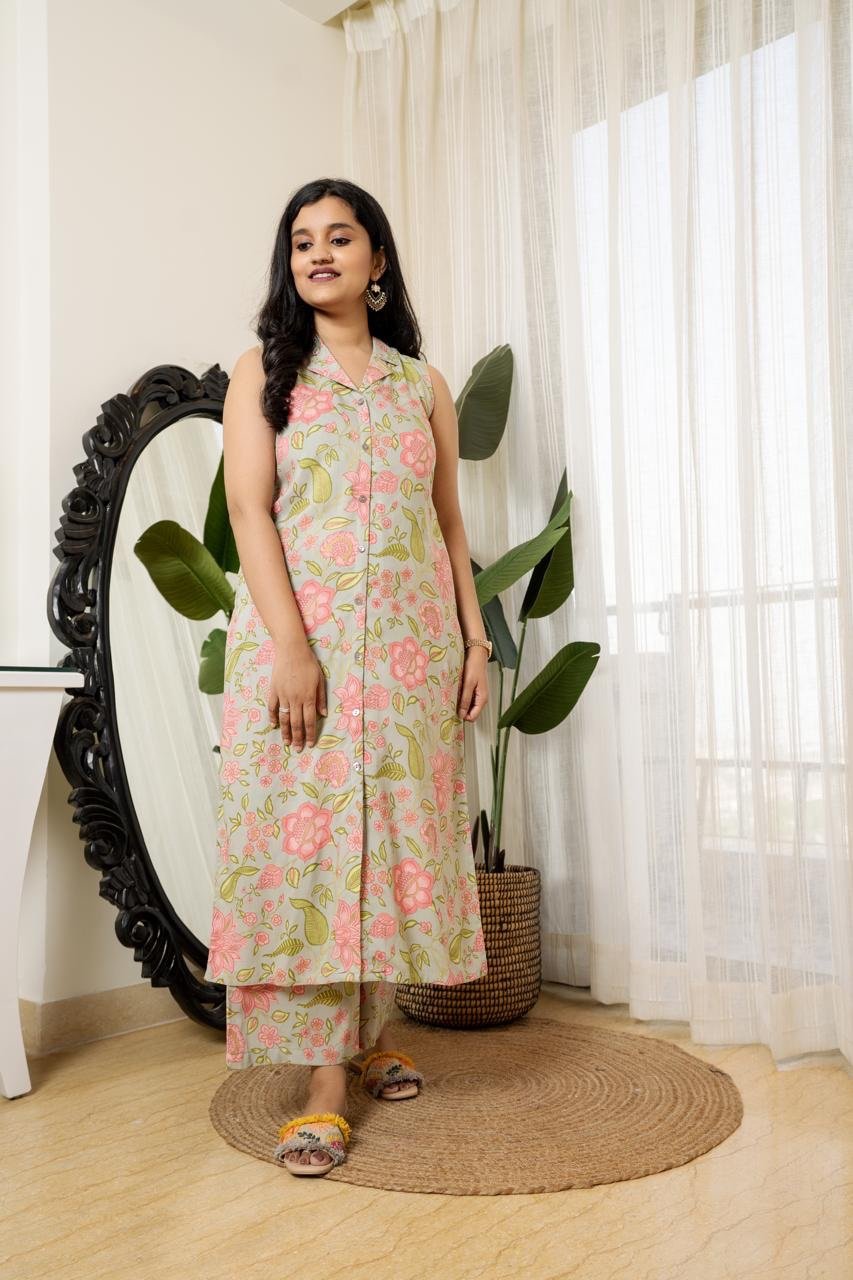 Sleeveless Coord Set- Pastel Green Florals - Image 4
