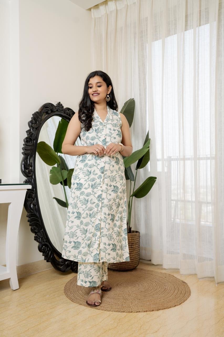 Sleeveless Coord Set- Off White Floral - Image 4