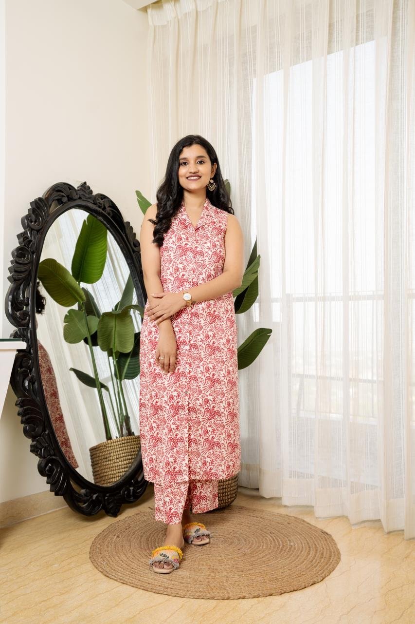 Sleeveless Coord Set- White Pink Jaal