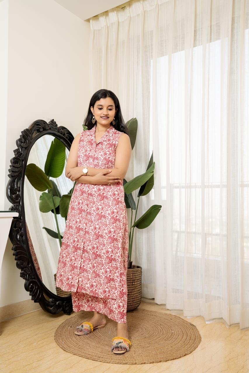 Sleeveless Coord Set- White Pink Jaal - Image 3