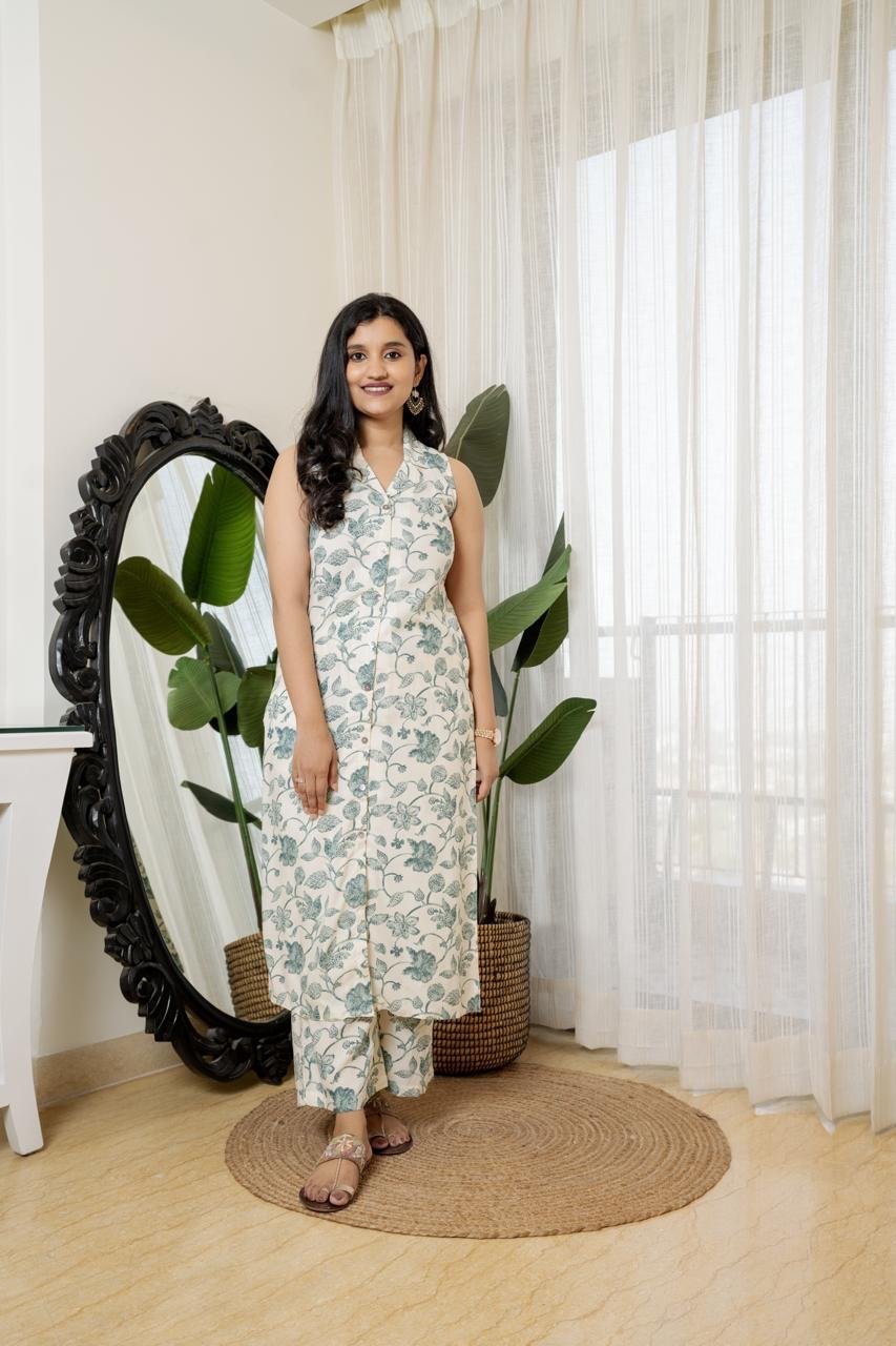 Sleeveless Coord Set- Off White Floral