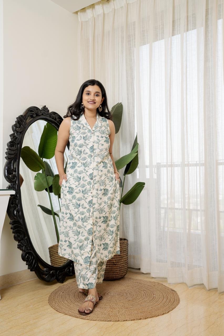 Sleeveless Coord Set- Off White Floral - Image 2