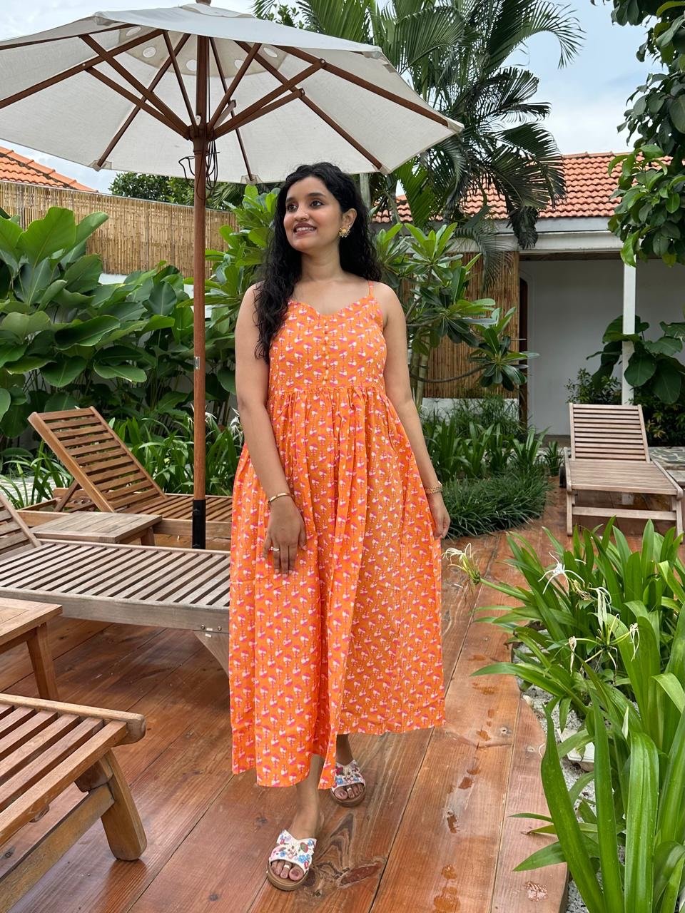 Noodle Strap Cotton Dress- Orange Booti