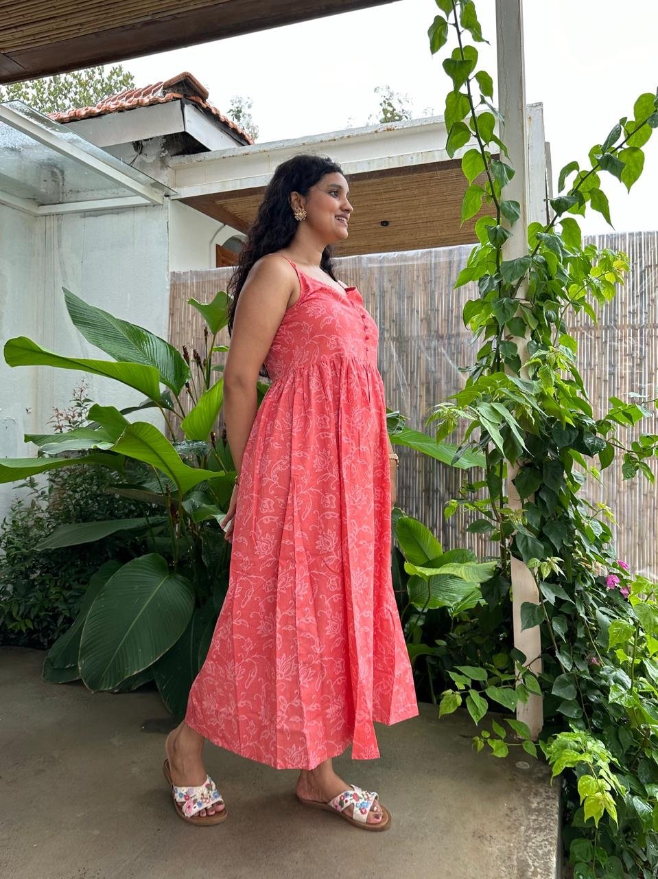 Noodle Strap Cotton Dress- Peach Florals - Image 2