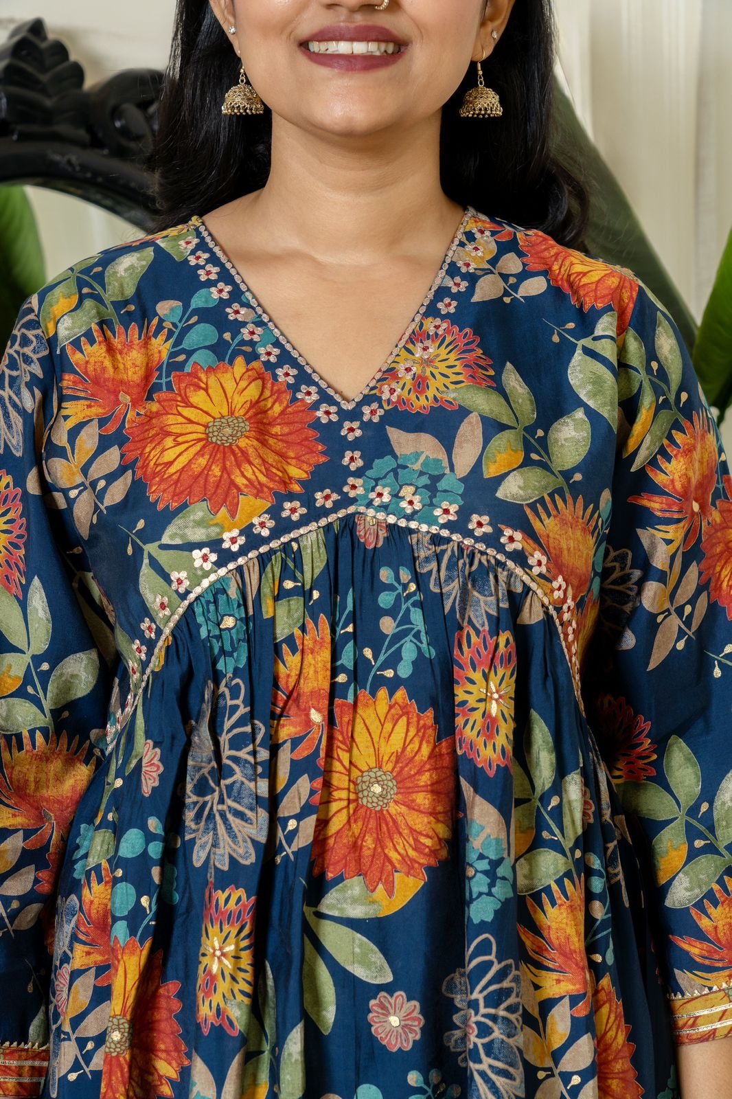 Muslin Alia Kurta- Dark blue Floral - Image 5