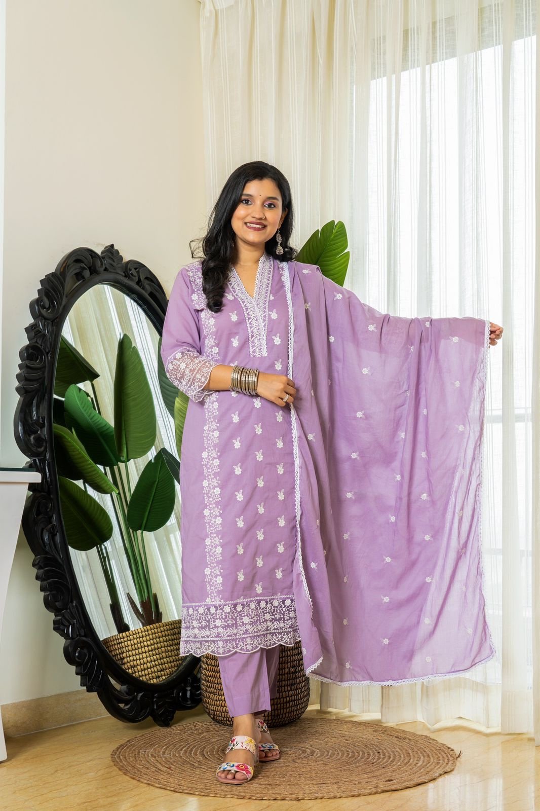 Zoya Purple Embroidered Cotton Suit Set