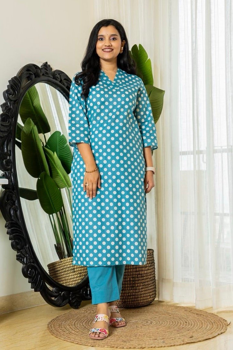 Mini Polka Cotton Pant Set-Light Blue