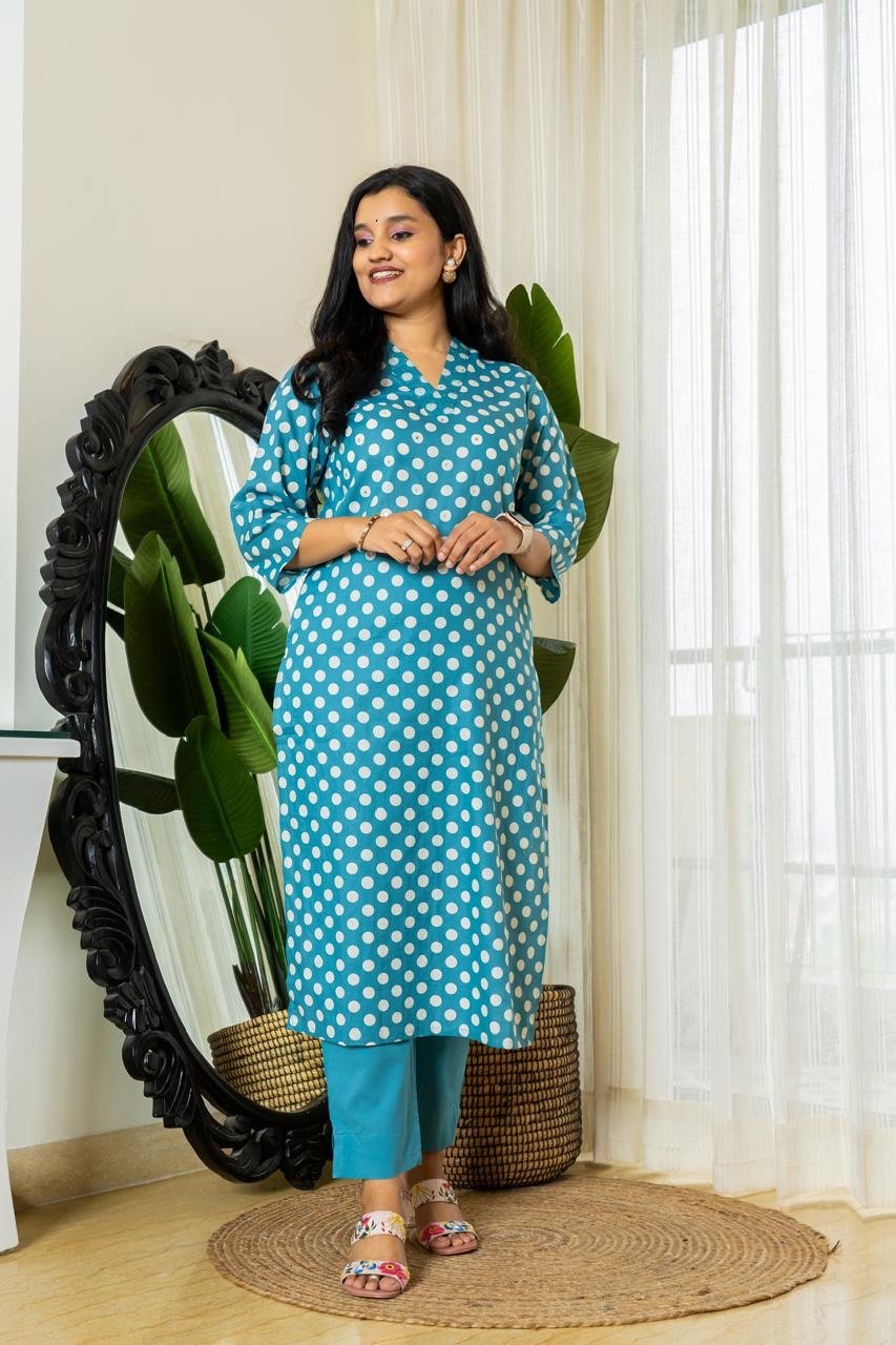 Mini Polka Cotton Pant Set-Light Blue - Image 2