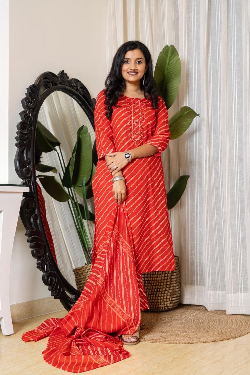 Budget Leheriya Cotton Suit- Red - Image 5
