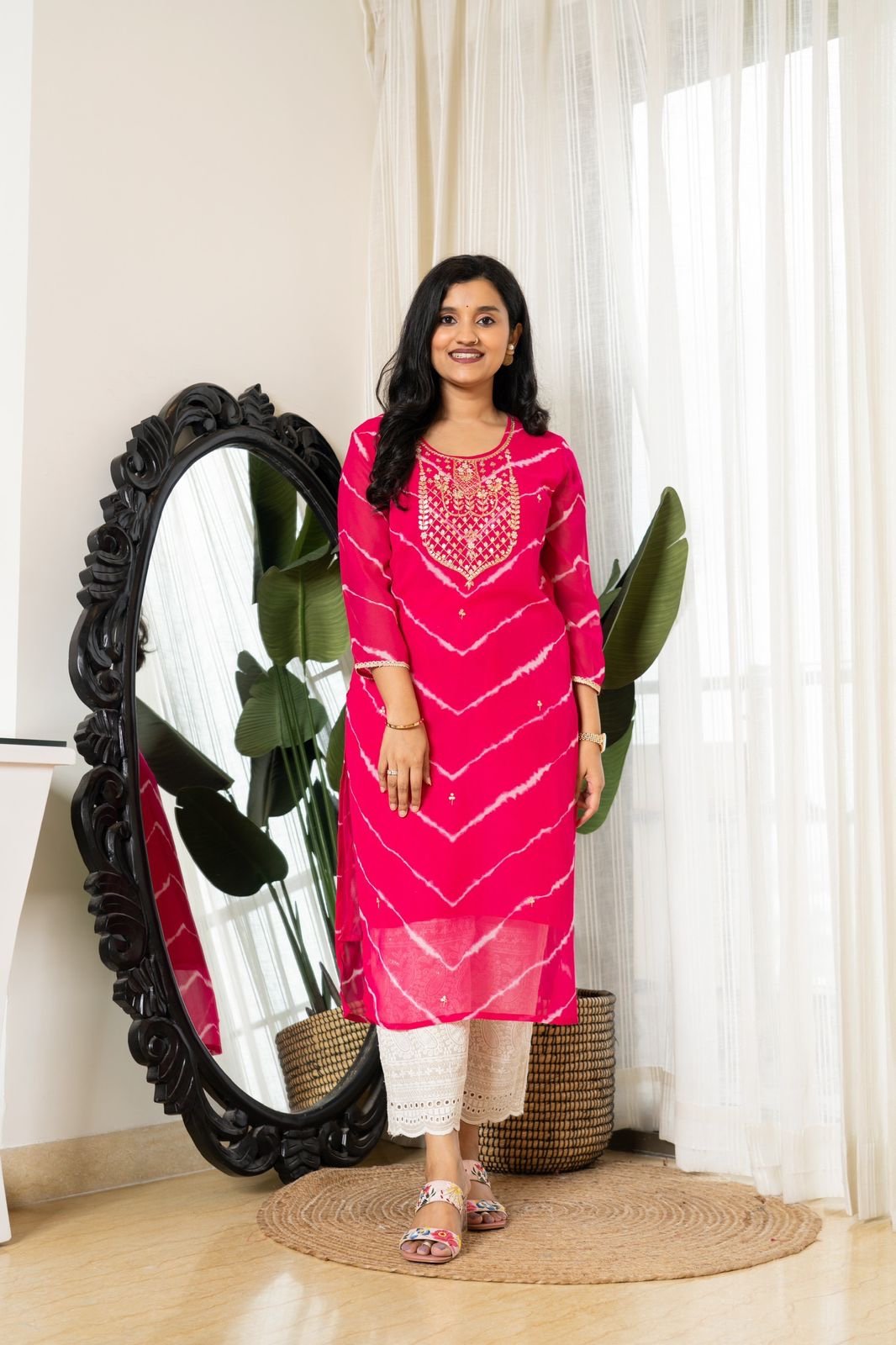 Handwork Leheriya Kurti- Round Neck