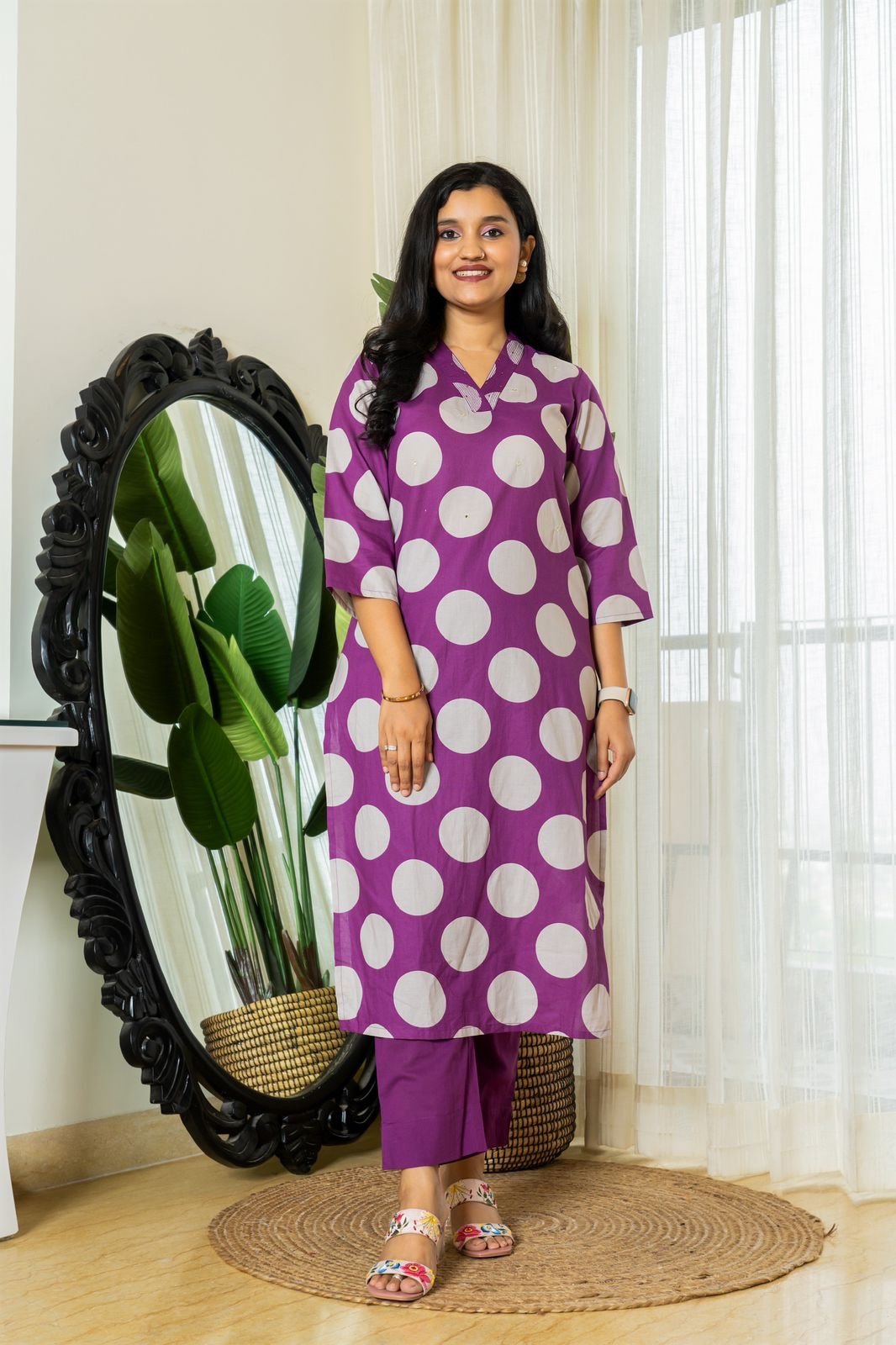 Polka Dot Cotton Pant Set- Purple