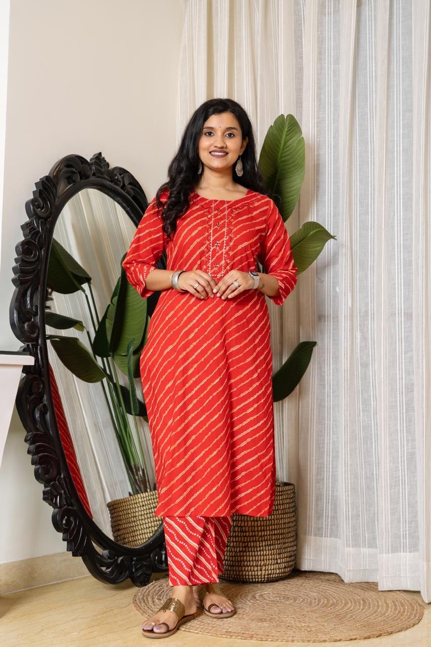 Budget Leheriya Cotton Suit- Red - Image 4