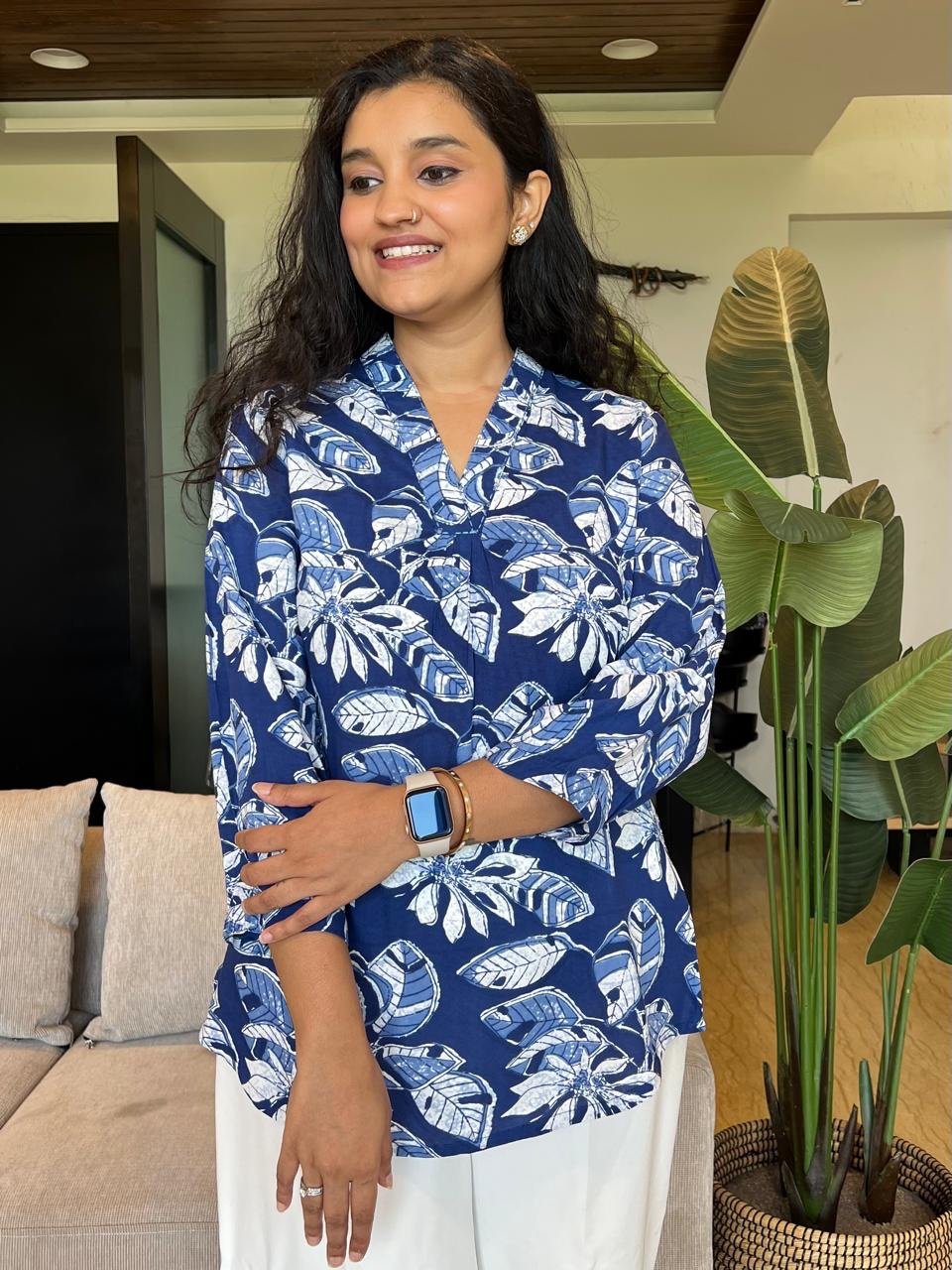 V Neck Short Top- Royal Blue Florals - Image 2