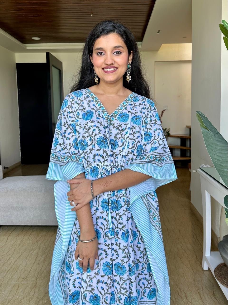 Block Print Cotton Kaftan- Light Blue - Image 3