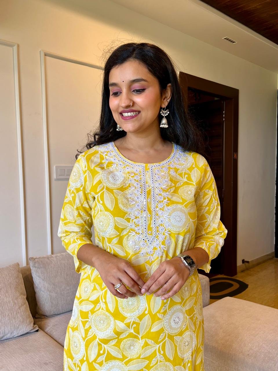 Mahima Threadwork Cotton Kurtas - Yellow - Image 3