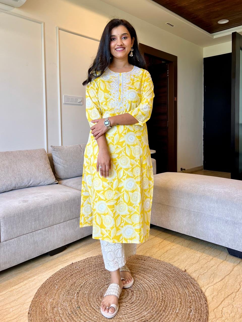 Mahima Threadwork Cotton Kurtas - Yellow