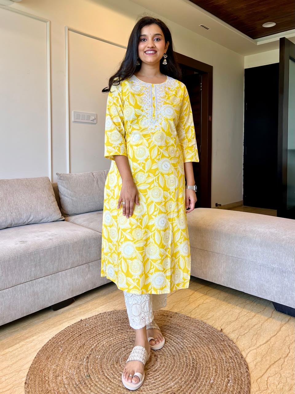 Mahima Threadwork Cotton Kurtas - Yellow - Image 2