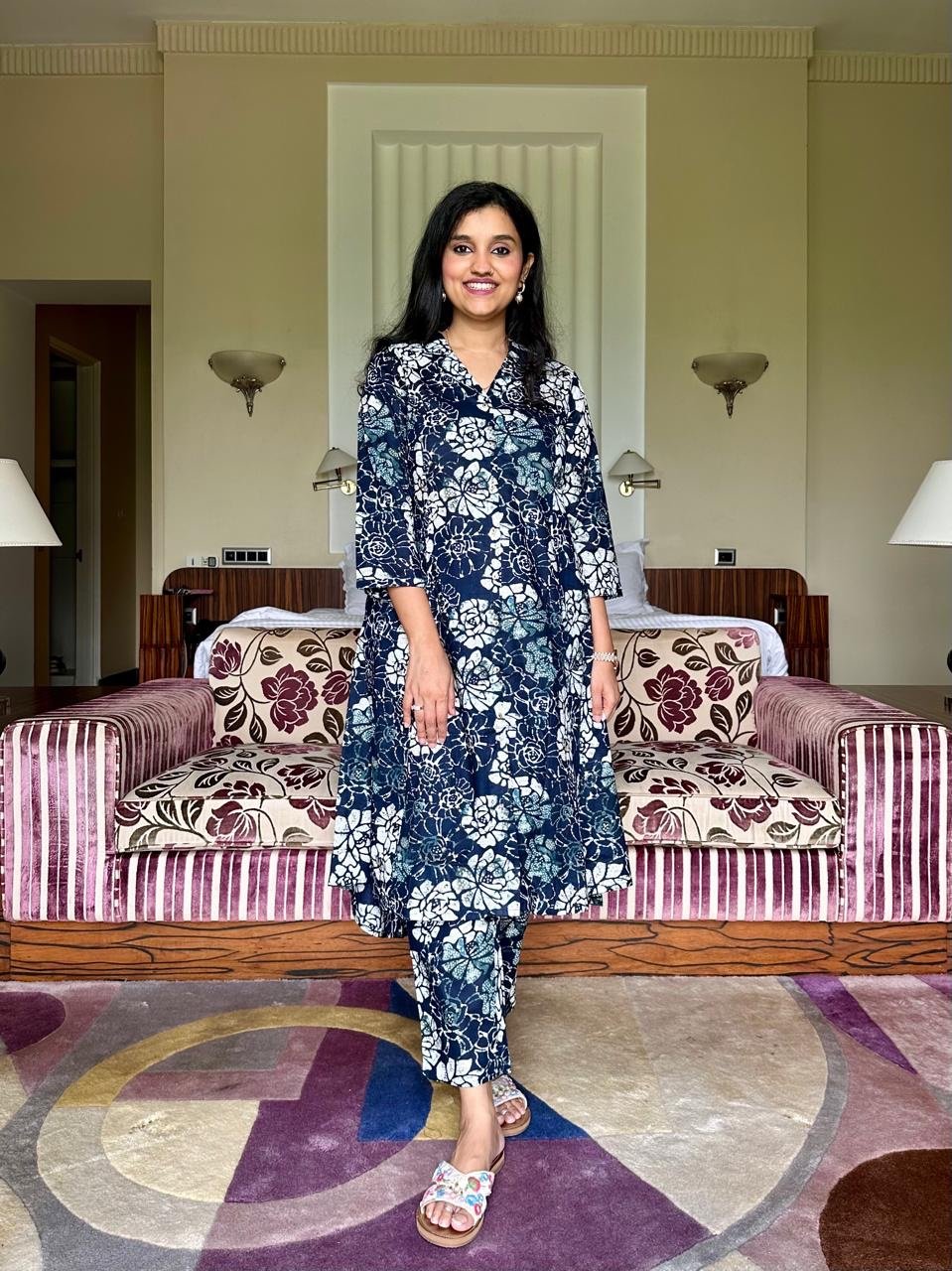 High Low Cotton Coord Set- Dark Blue Florals
