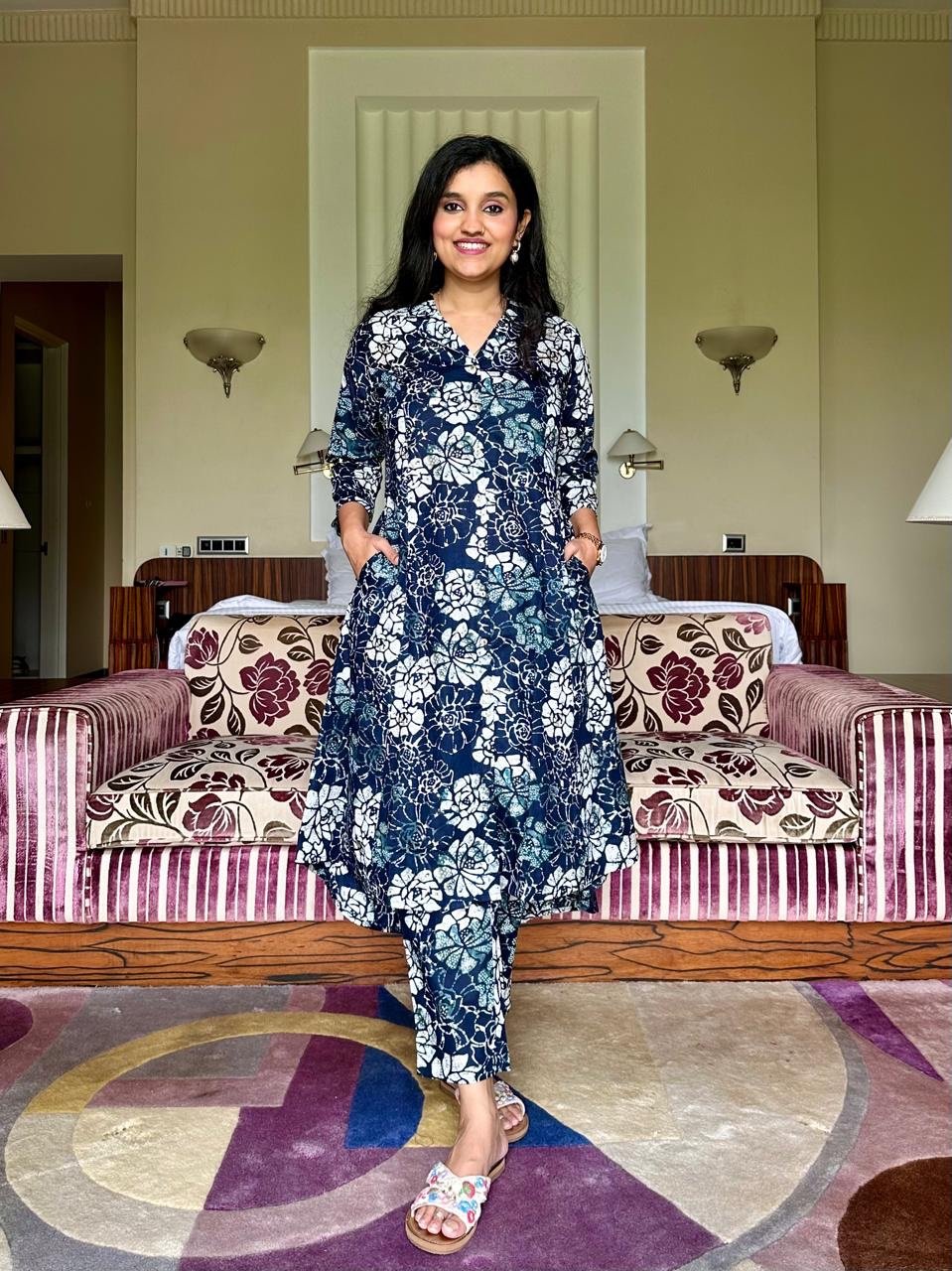 High Low Cotton Coord Set- Dark Blue Florals - Image 3