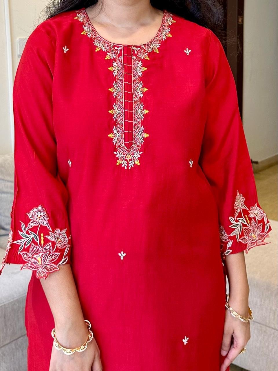 Simran Cutwork Chanderi Set- Red - Image 7
