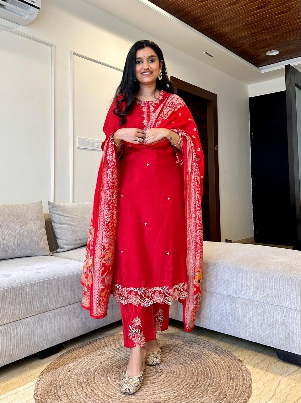 Simran Cutwork Chanderi Set- Red - Image 2