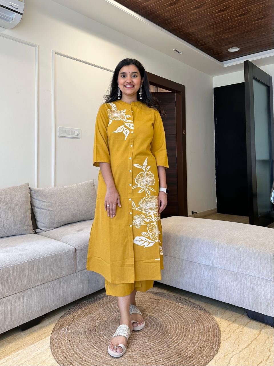 Phool Cropped Pant Set- Mustard
