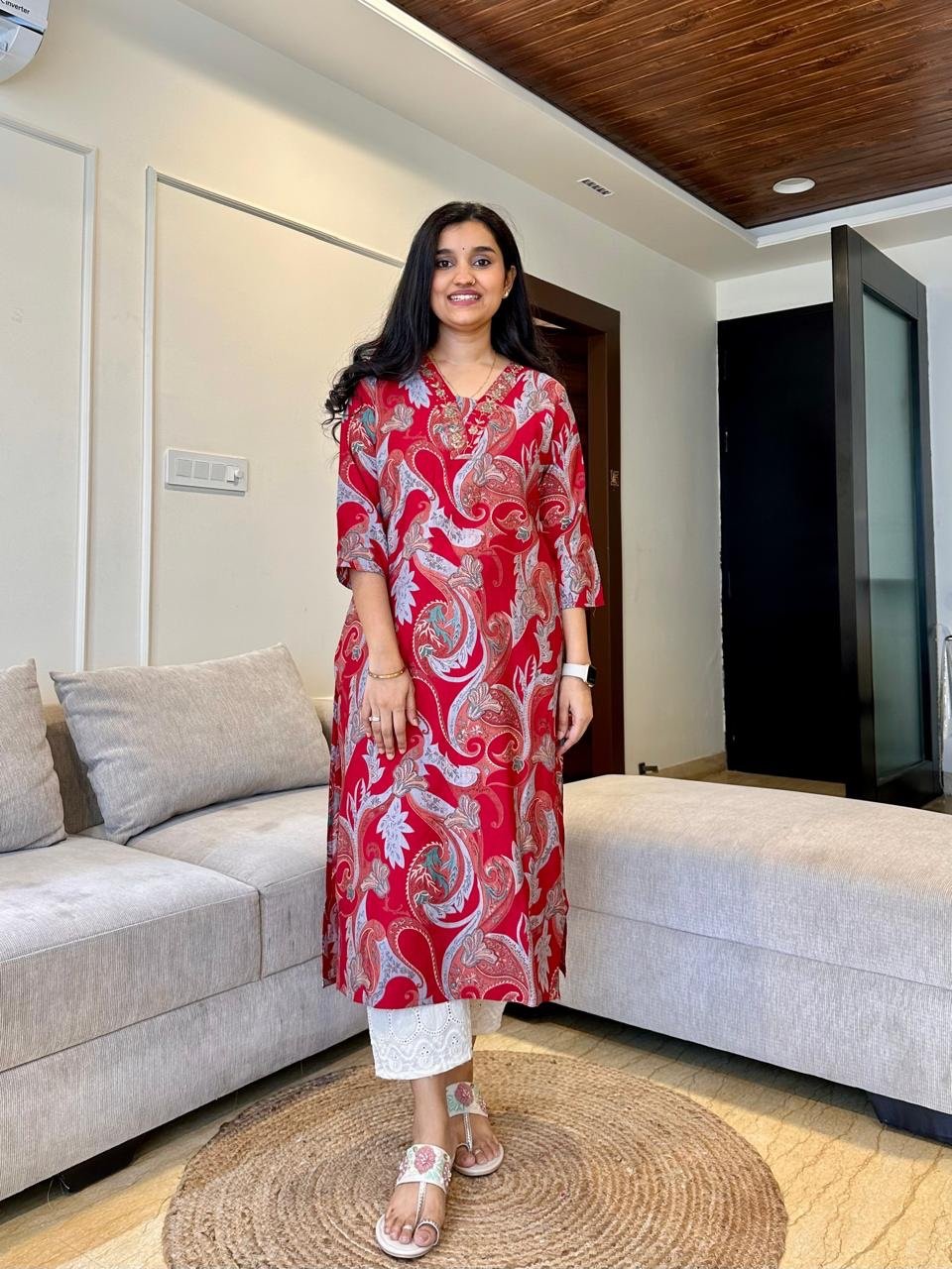 Vara Printed Muslin Silk Kurta- Red
