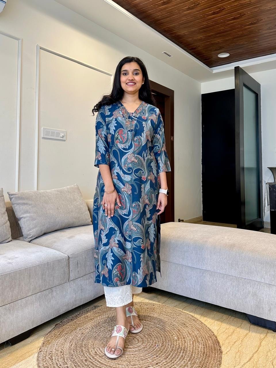Vara Printed Muslin Silk Kurta- Blue